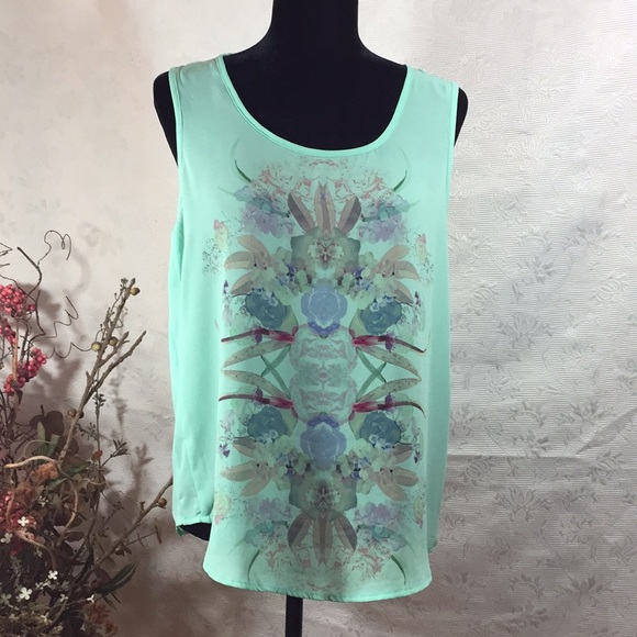 Pearl Tops - SEMI SHEER TOP MINT GREEN INDIAN ABSTRACT DESIGN SIZE M Pearl